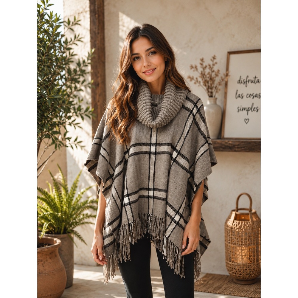 Unbranded Plaid Cowl Neck Poncho Tan Black White Fringe Wrap Sweater‎